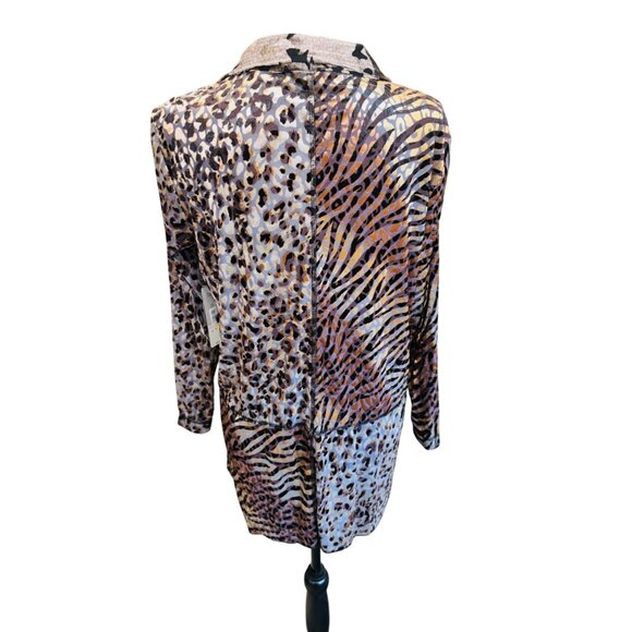 NWT Ali Miles Animal Print Button Tunic Shirt Top Brown Patchwork Glam Office M - Picture 2 of 13